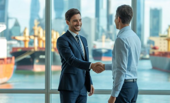 Two brokers shaking hands in an office overlooking a port